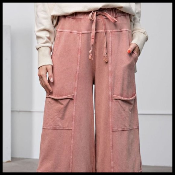 EASEL "Perfect Cargo" Terry Knit Mineral Washed Flared Leg Pants Raw Hem & Seams - Picture 9 of 14